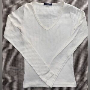 BRANDY MELVILLE Long Sleeve V Neck White Ribbed T Shirt